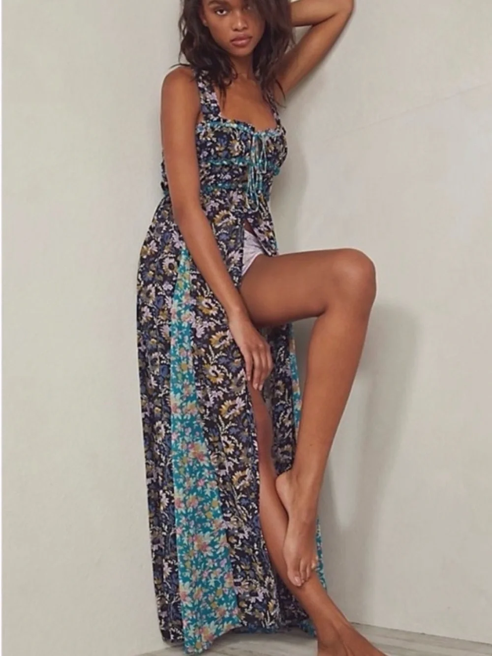 Free People Floral Print Blue Chemise Maxi Slip with Slit - Picture 1 of 9